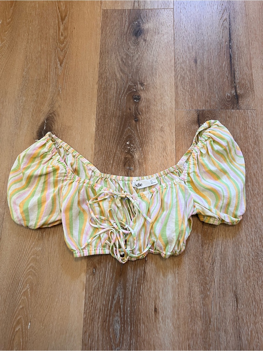 Elodie Striped Lace-Up Puff Sleeve Crop Top XS - Pastel Yellow & Pink